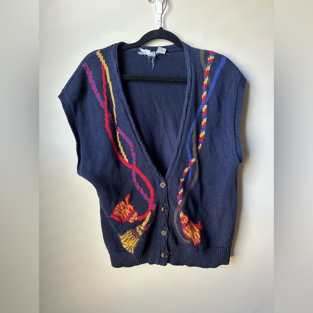 Russ Vintage Women’s Sweater Vest Brass Colored Buttons Sz L Ramie Cotton